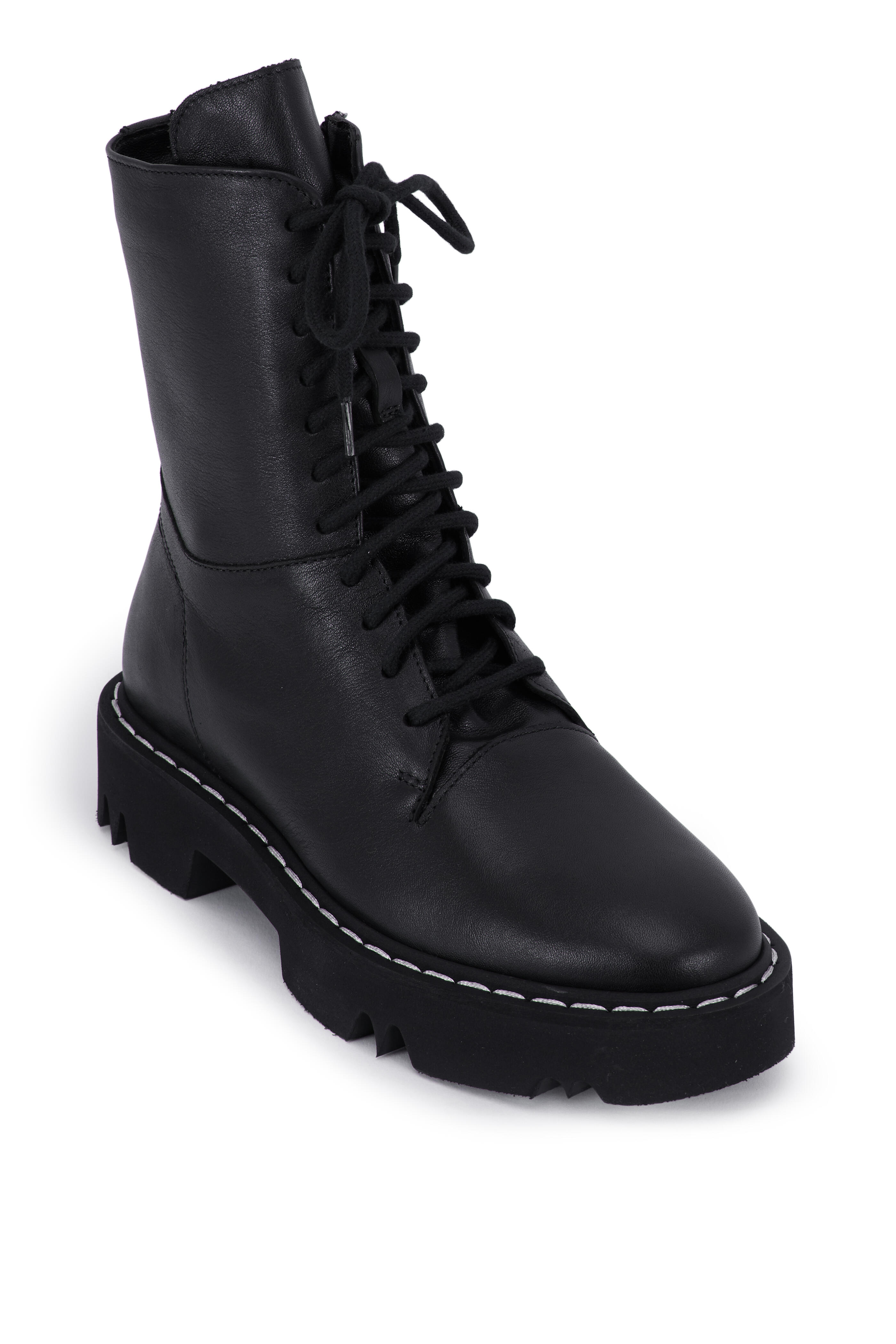 Aquatalia - Hana Black Leather Lace Up Combat Boot