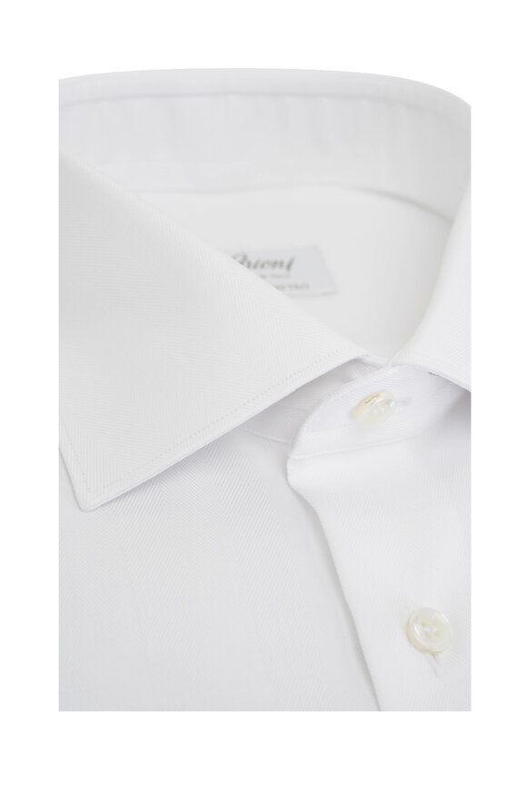 Brioni - White Herringbone Cotton Dress Shirt