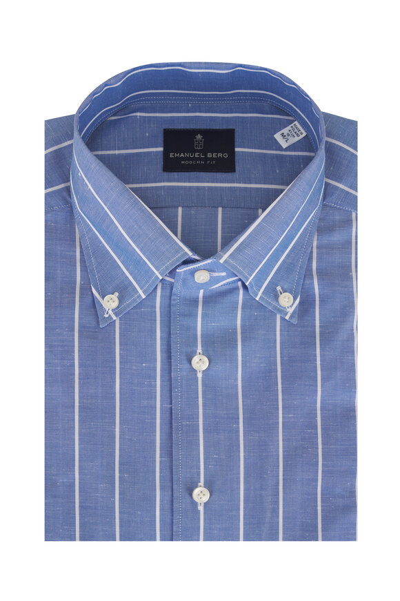 Emanuel Berg Medium Blue Stripe Cotton & Linen Dress Shirt