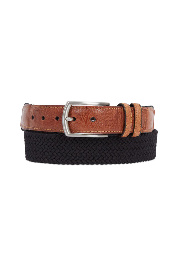 Torino - Black Elasticized Braided Cotton & Leather Belt