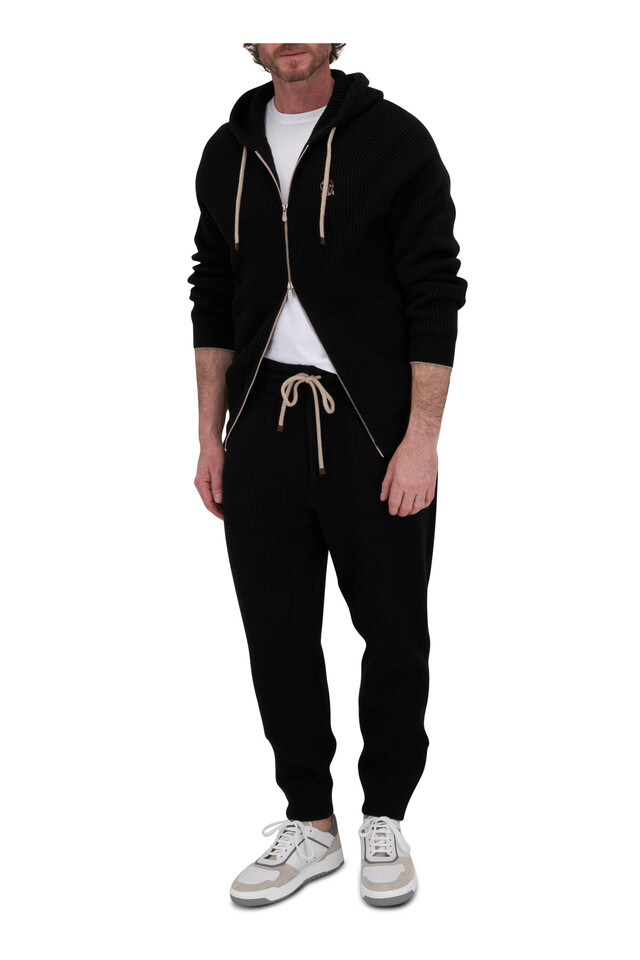 Brunello Cucinelli Black Ribbed Cashmere Front Zip Hoodie