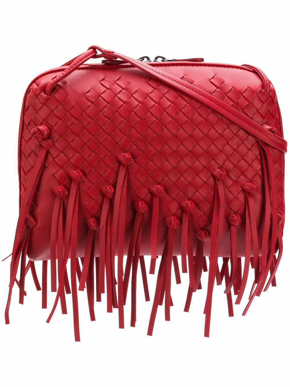 Bottega Veneta - Pillow Red Woven Leather Fringe Crossbody