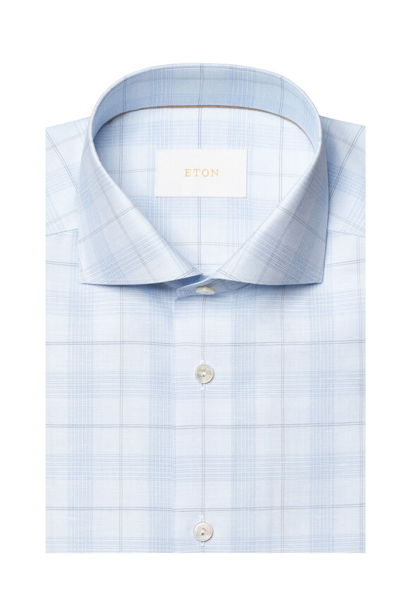 Eton Light Blue Plaid Cotton & Linen Dress Shirt - view 7