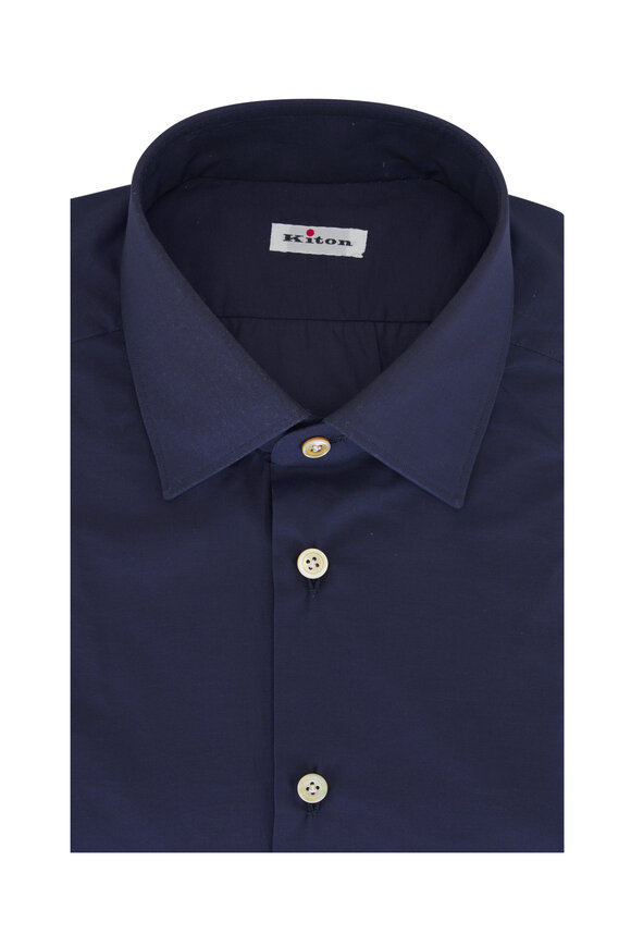 Kiton Navy Solid Cotton Dress Shirt