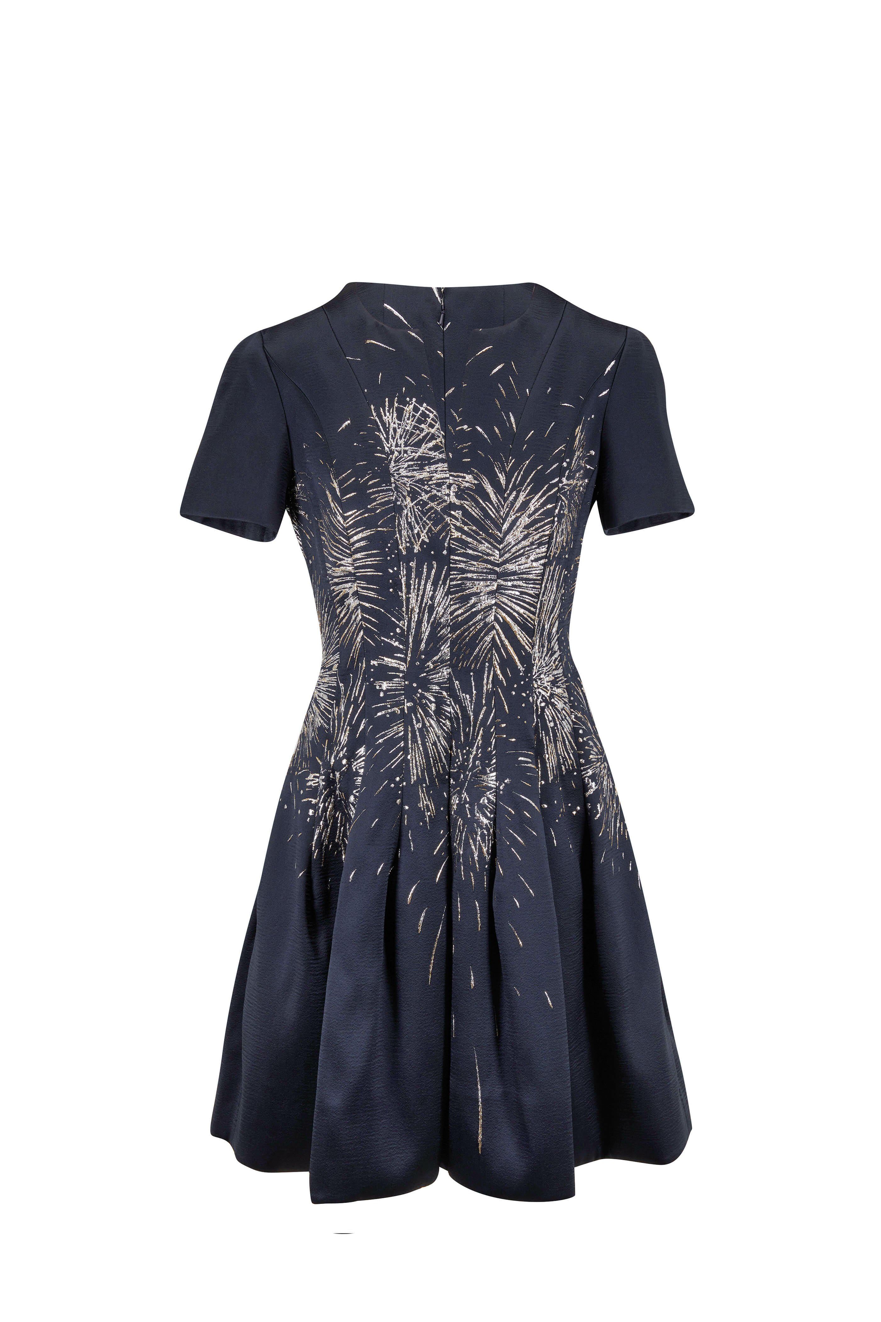 Oscar de la Renta - Navy Blue Firework Print Short Sleeve Dress