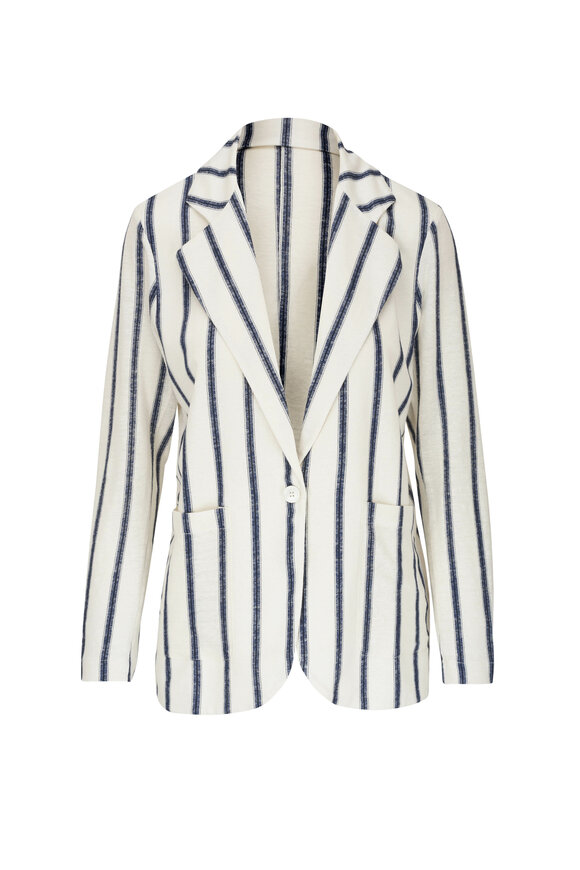 Majestic - Blue Striped Stretch Linen One Button Blazer 