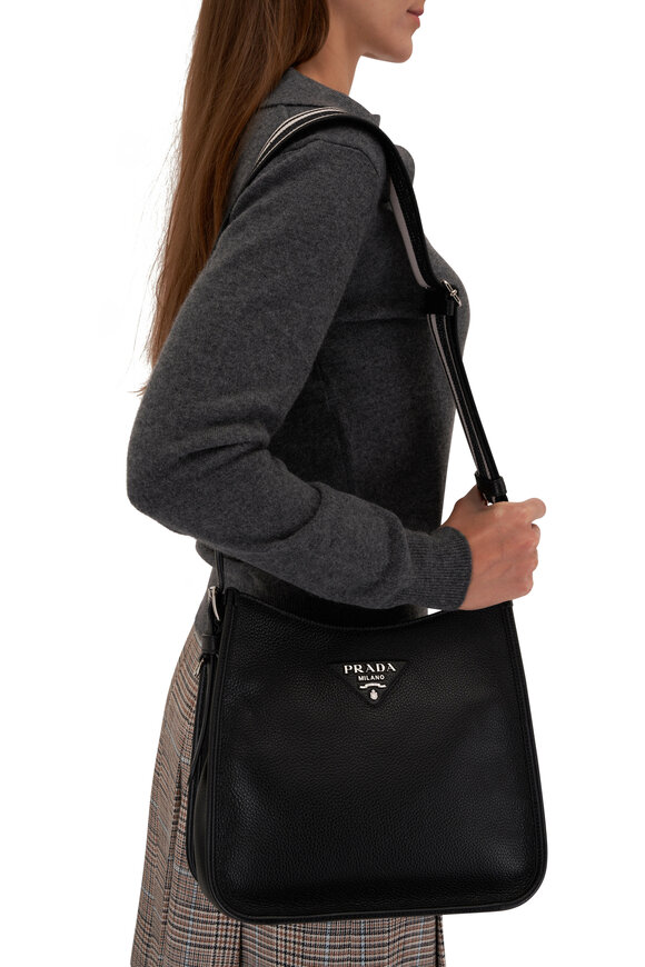 Prada - Black Leather Embroidered Logo Strap Hobo