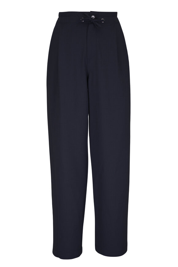 Brunello Cucinelli Navy Blue Tropical Luxury Wool Drawstring Pant