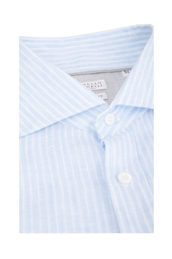 Brunello Cucinelli - Light Blue Linen Striped Slim Fit Sport Shirt