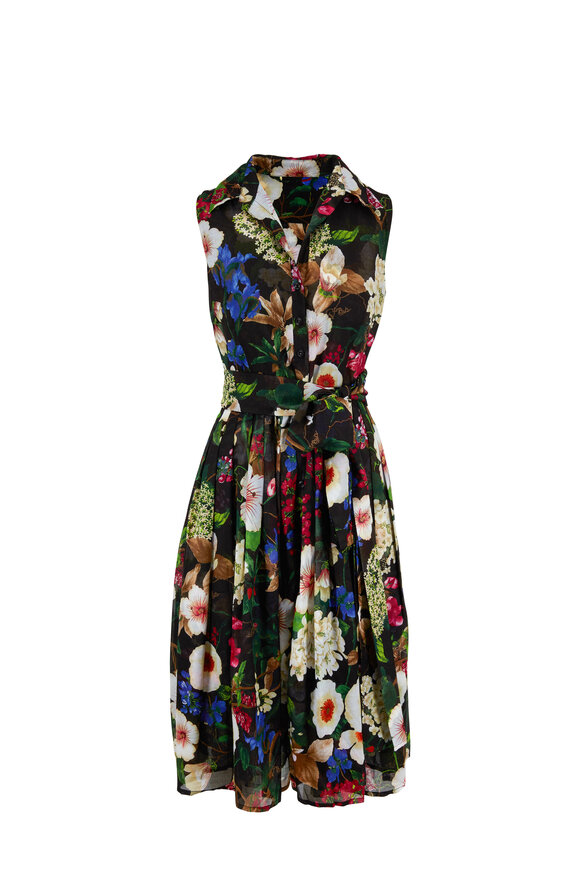 Samantha Sung - Audrey2 Black Floral Print Sleeveless Belted Dress