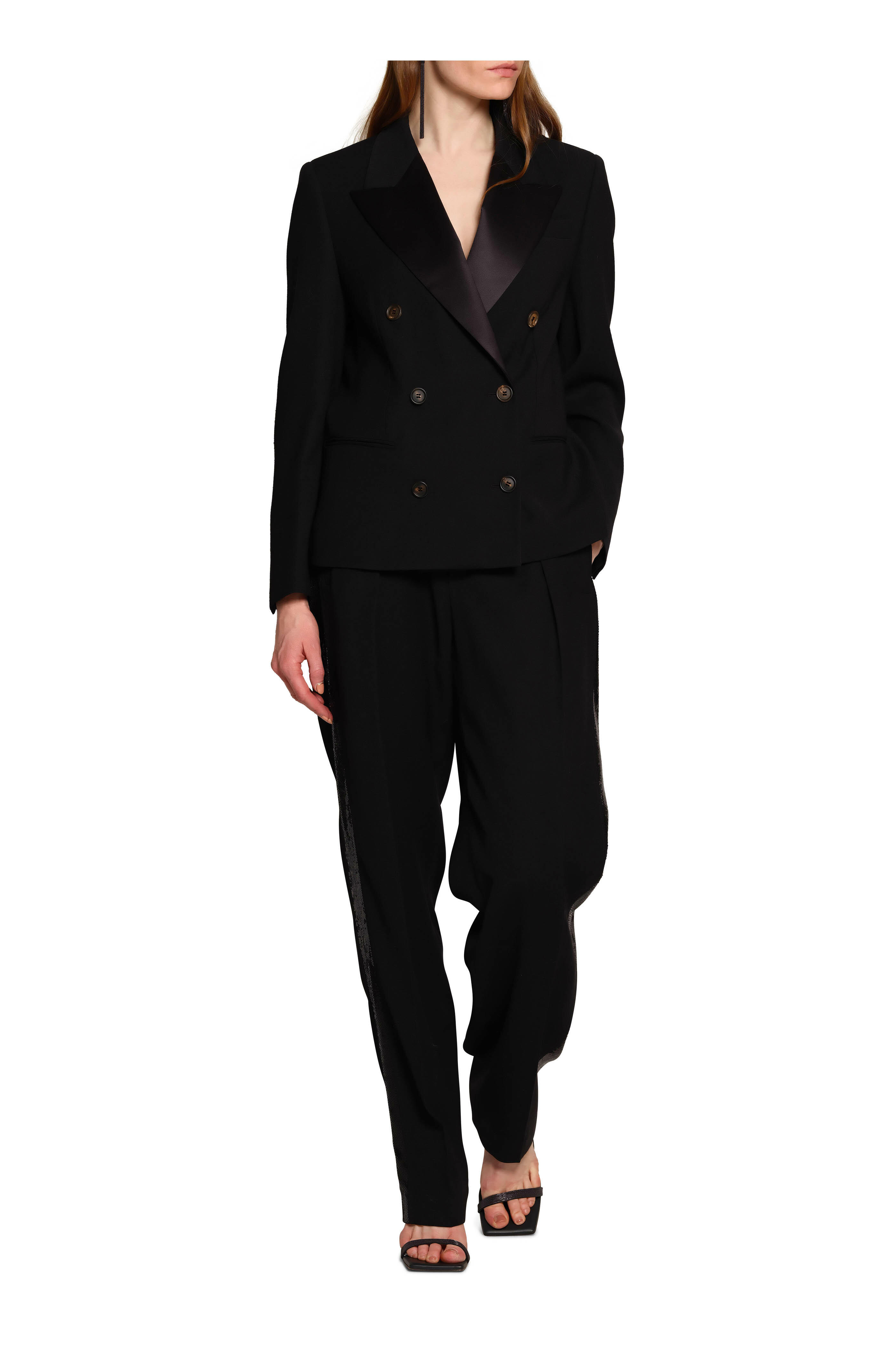 Brunello Cucinelli - Black High-Waisted Sequin Pleated Tuxedo Pant