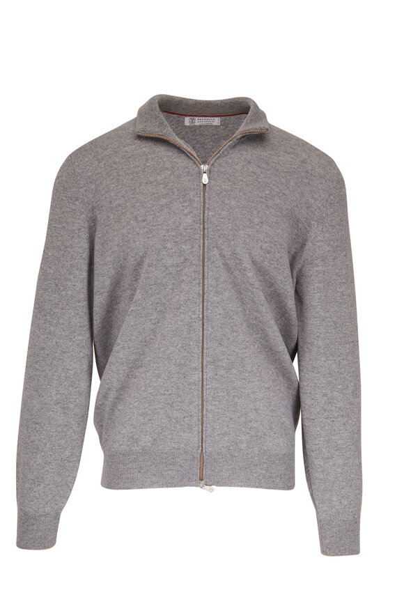 Brunello Cucinelli Solid Gray Cashmere Zip Cardigan 