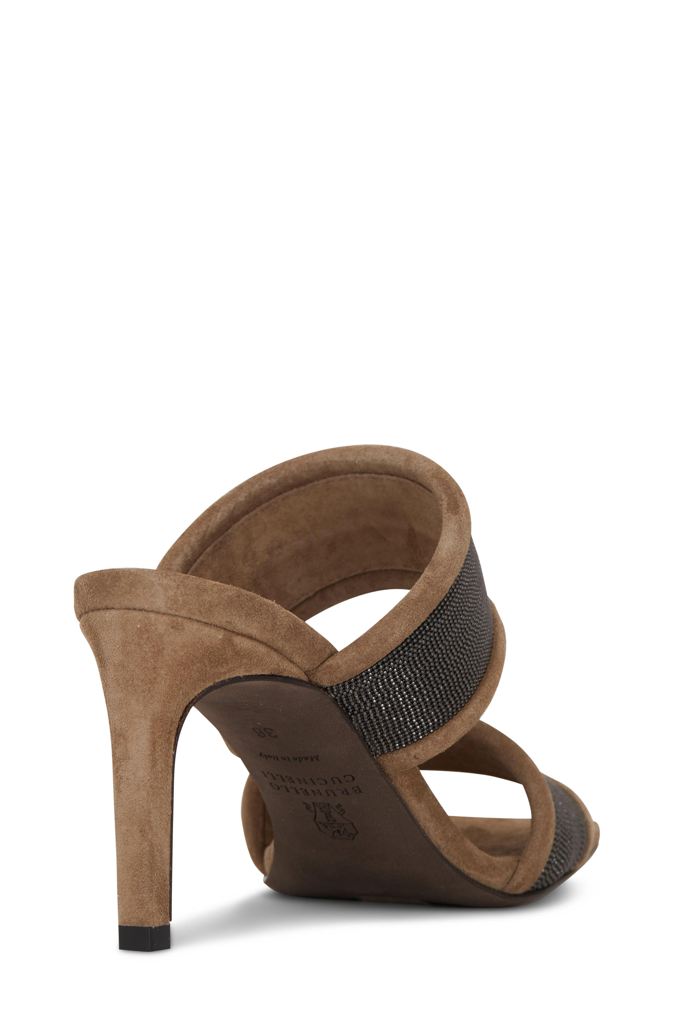 Brunello Cucinelli - Brown Suede & Monili Two Band Slide, 80mm