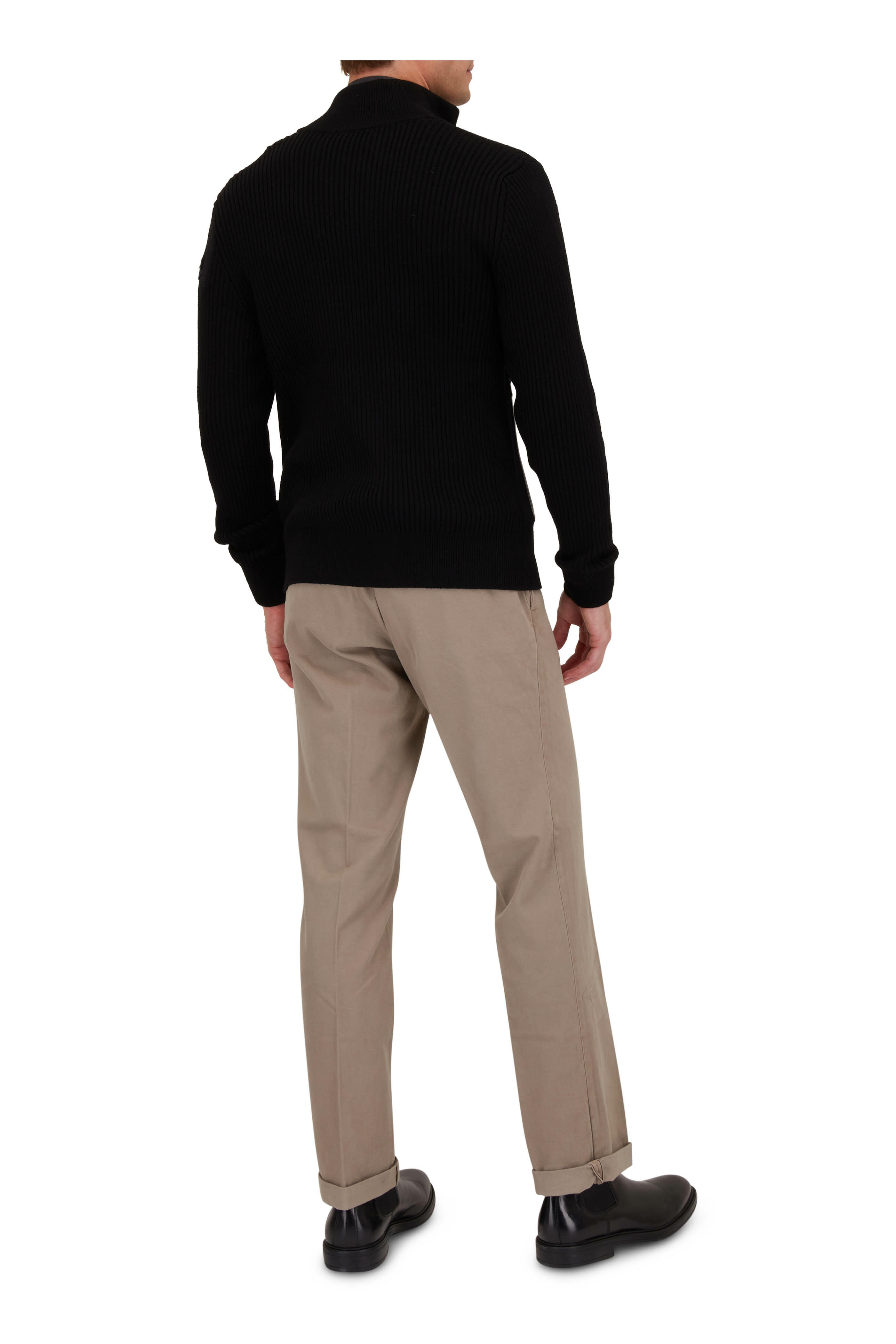 Moncler - Black Ribbed Wool & Leather Trim Zip Sweater