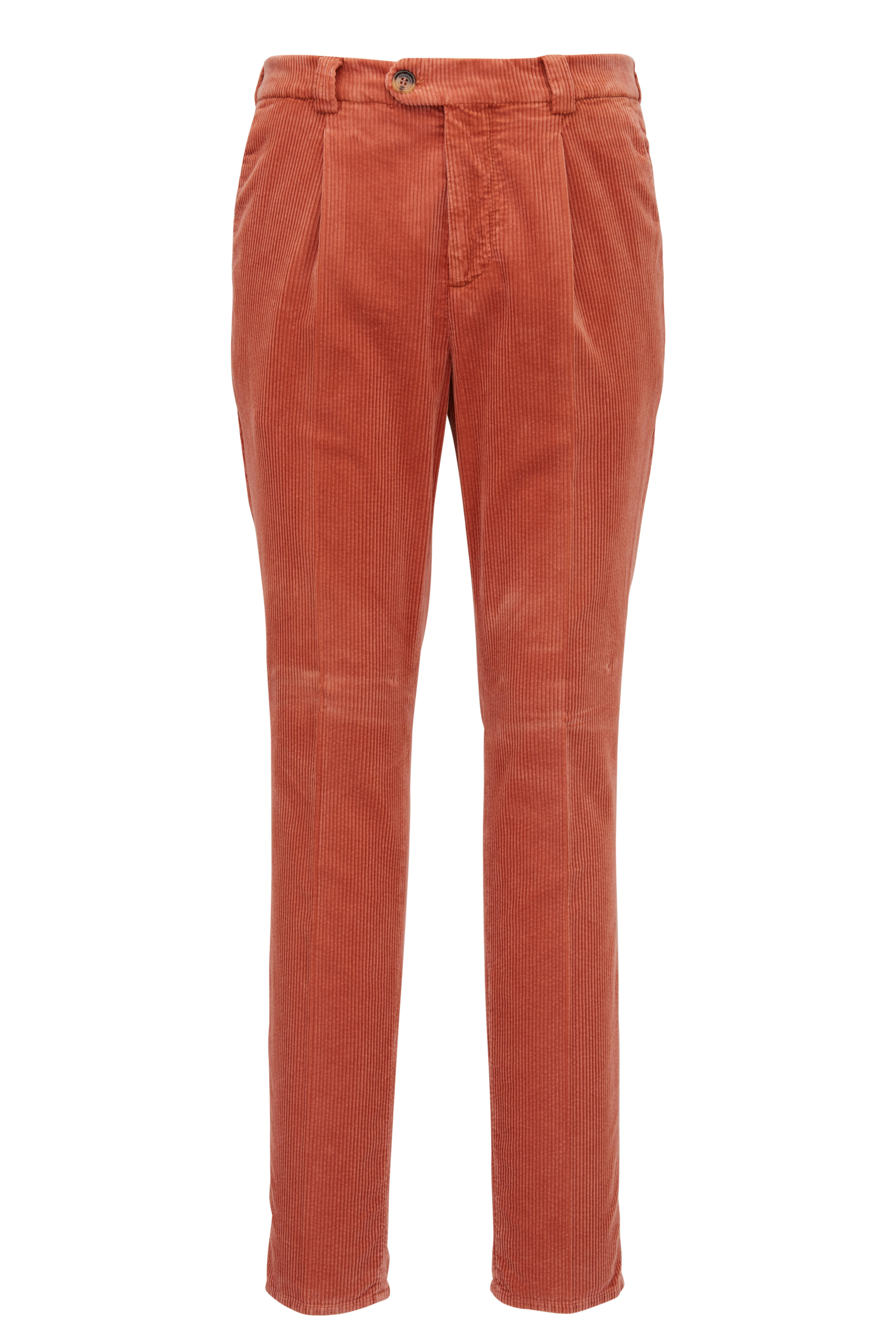 Brunello Cucinelli - Orange Corduroy Pleated Leisure Fit Pants