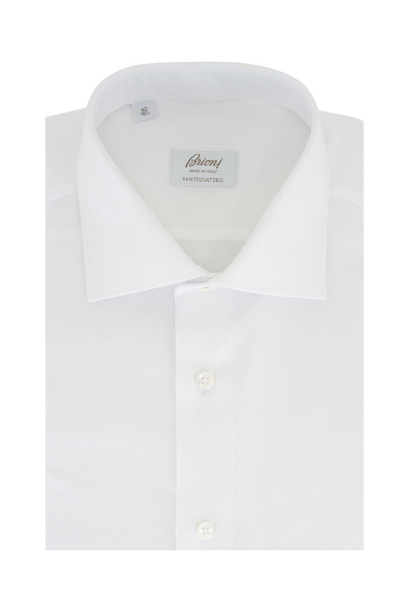 Brioni White Herringbone Cotton Dress Shirt