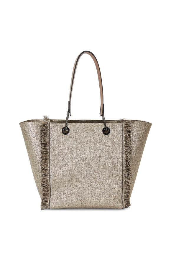 Brunello Cucinelli Platinum Metallic Woven & Leather Reversible Tote - view 8
