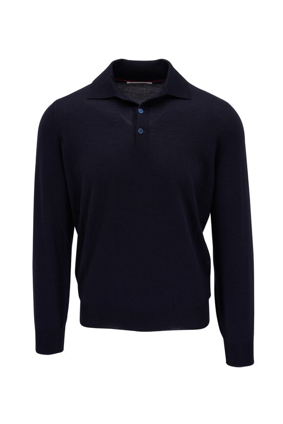 Brunello Cucinelli Navy Fine Knit Cashmere Quarter-Button Sweater