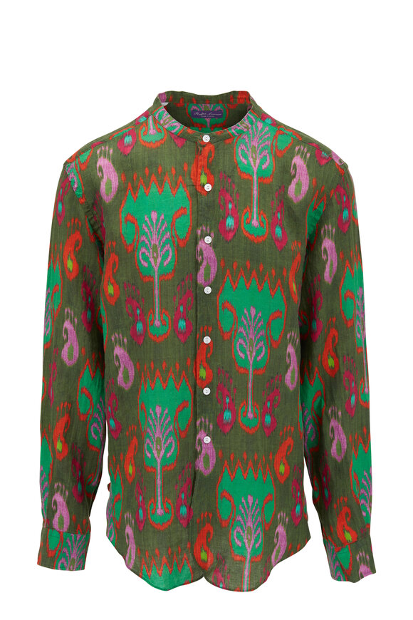 Ralph Lauren Purple Label - Sahara Green Ikat Print Linen Shirt 