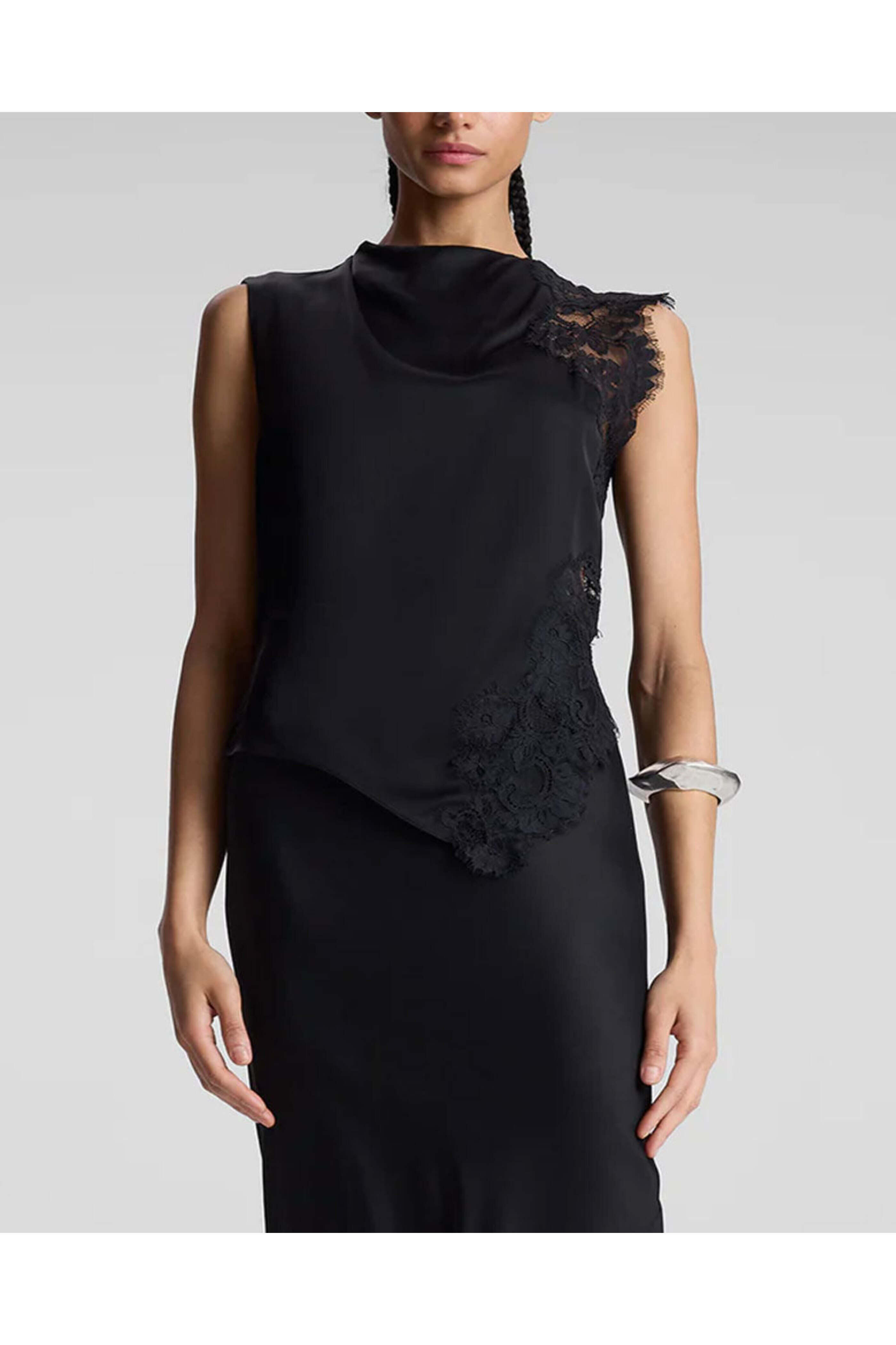 A.L.C. - Black Gracie Satin and Lace Sleeveless Top