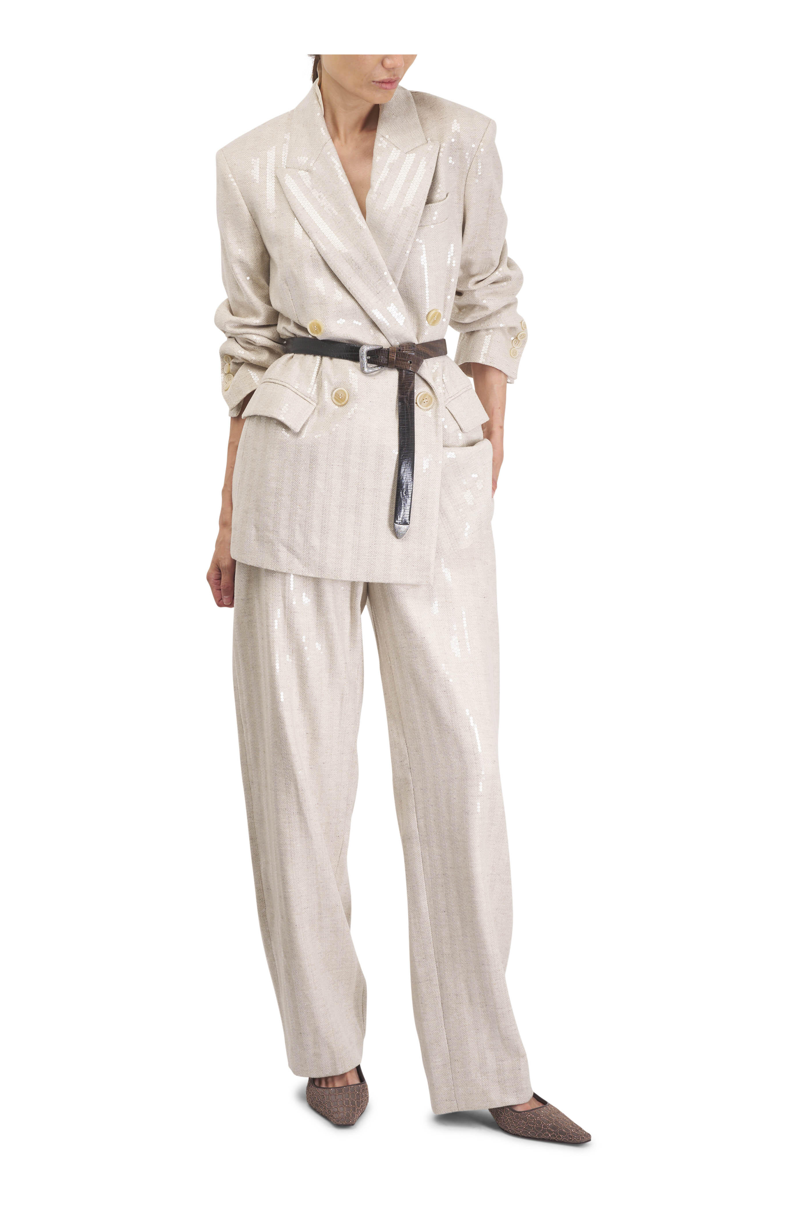 Brunello Cucinelli - Brown Embroidered Monili City Slingback, 55mm