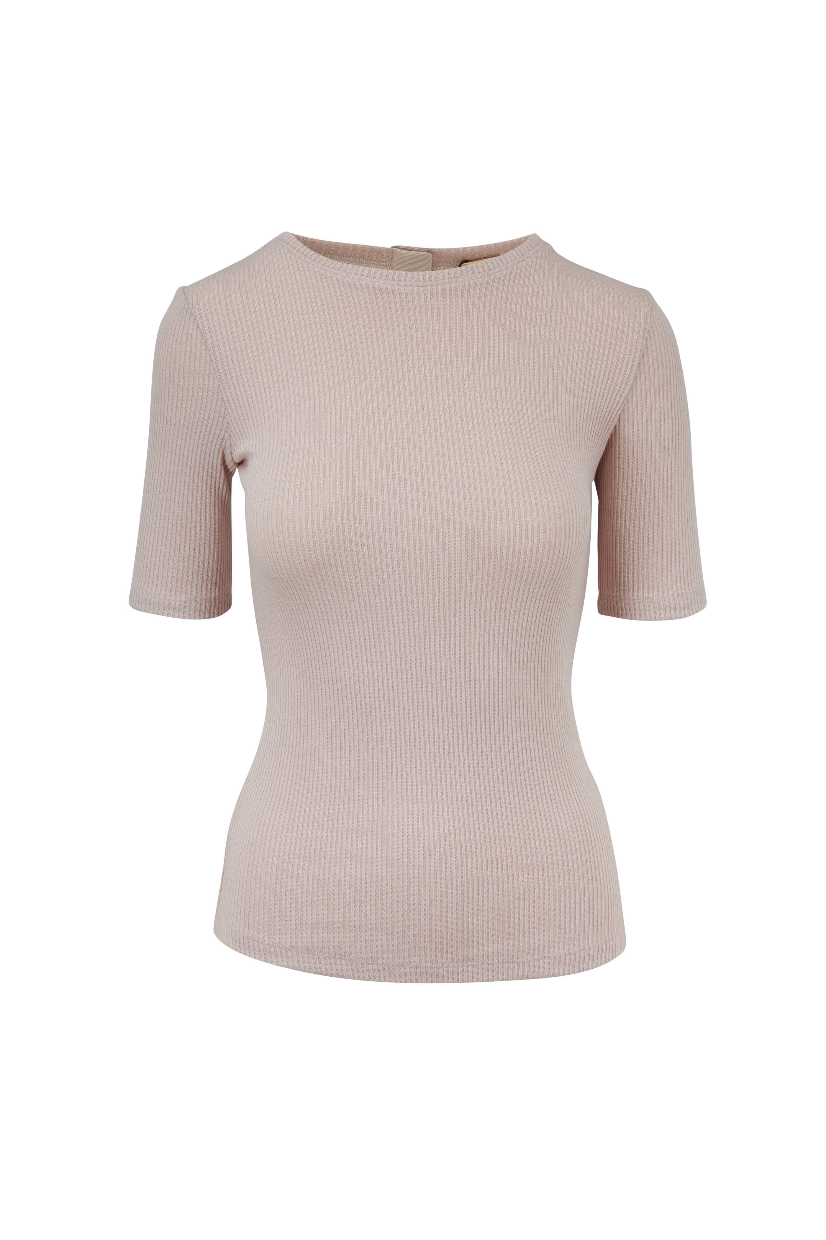 Adam Lippes - Blush Ribbed Fitted Elbow Sleeve Top