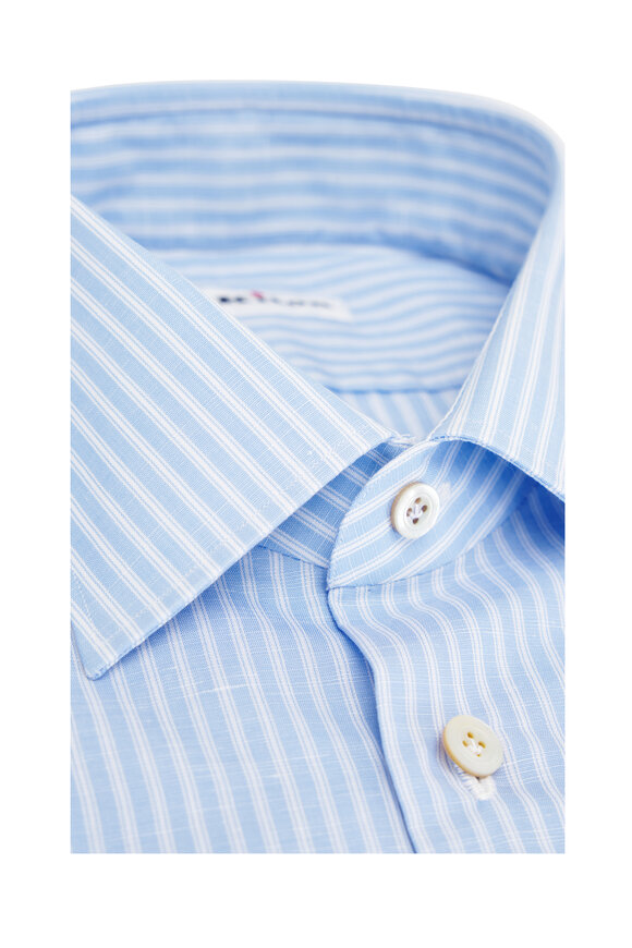 Kiton - Light Blue Stripe Cotton & Linen Dress Shirt