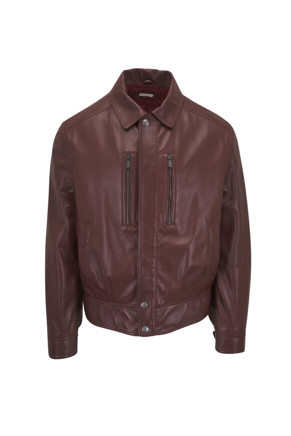 Brunello Cucinelli Burnt Red Leather Bomber Jacket - view 1