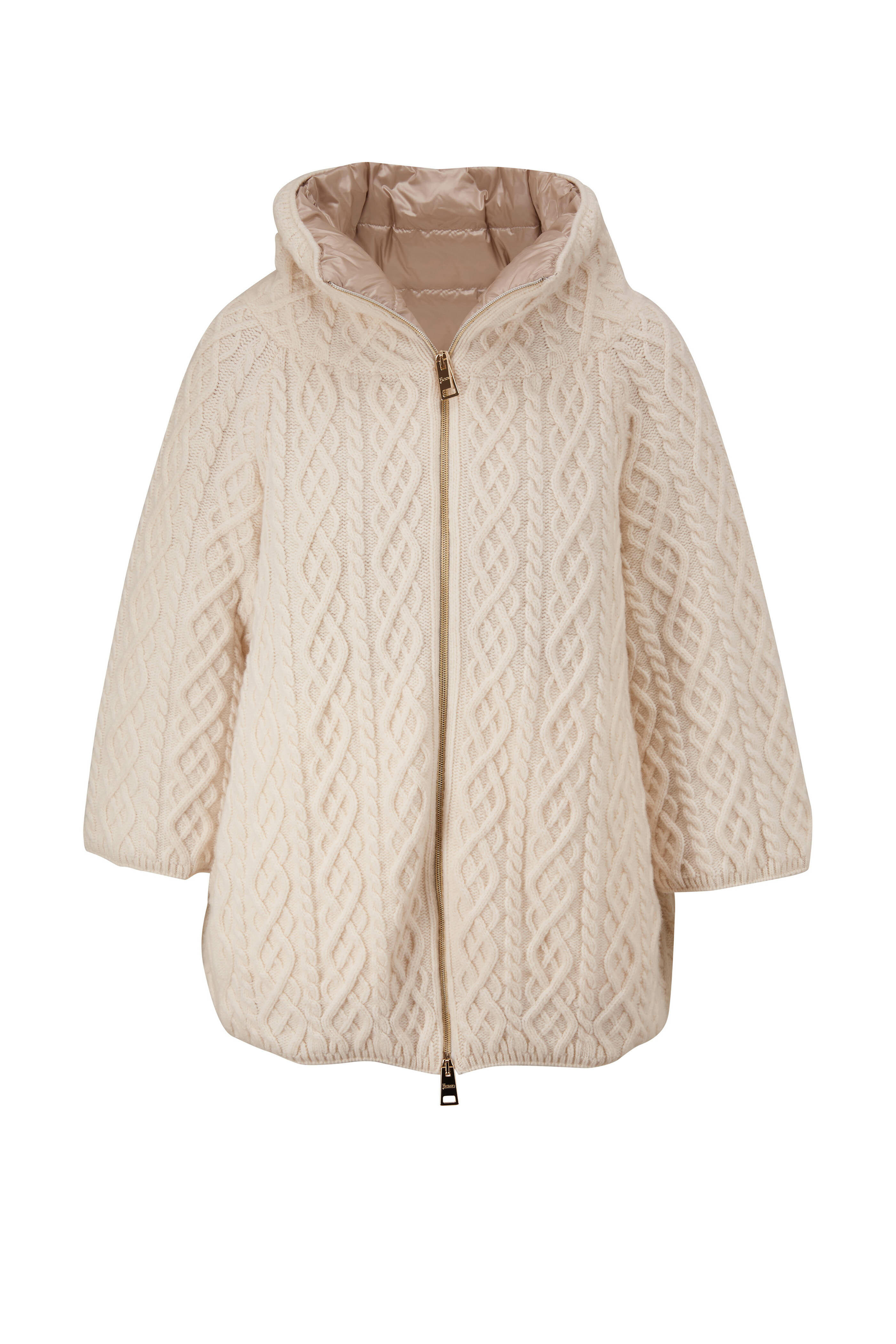 Herno - White Cable Knit Wool Funnel Neck Coat | Mitchell Stores