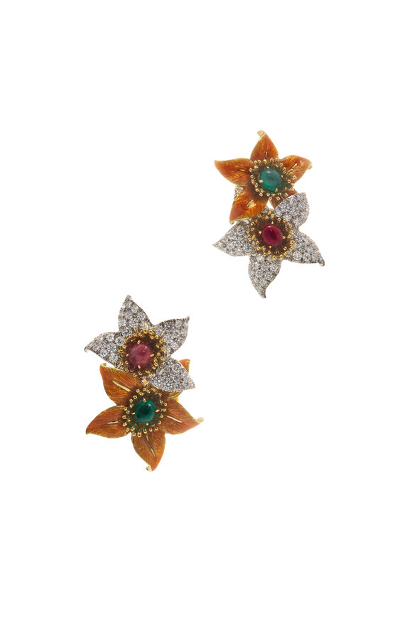 David Webb - Platinum Couture Emerald, Ruby & Enamel Earrings
