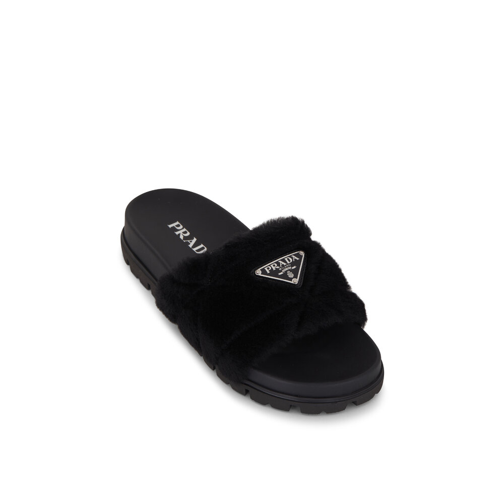 Prada Black Shearling Pool Slide Mitchell Stores