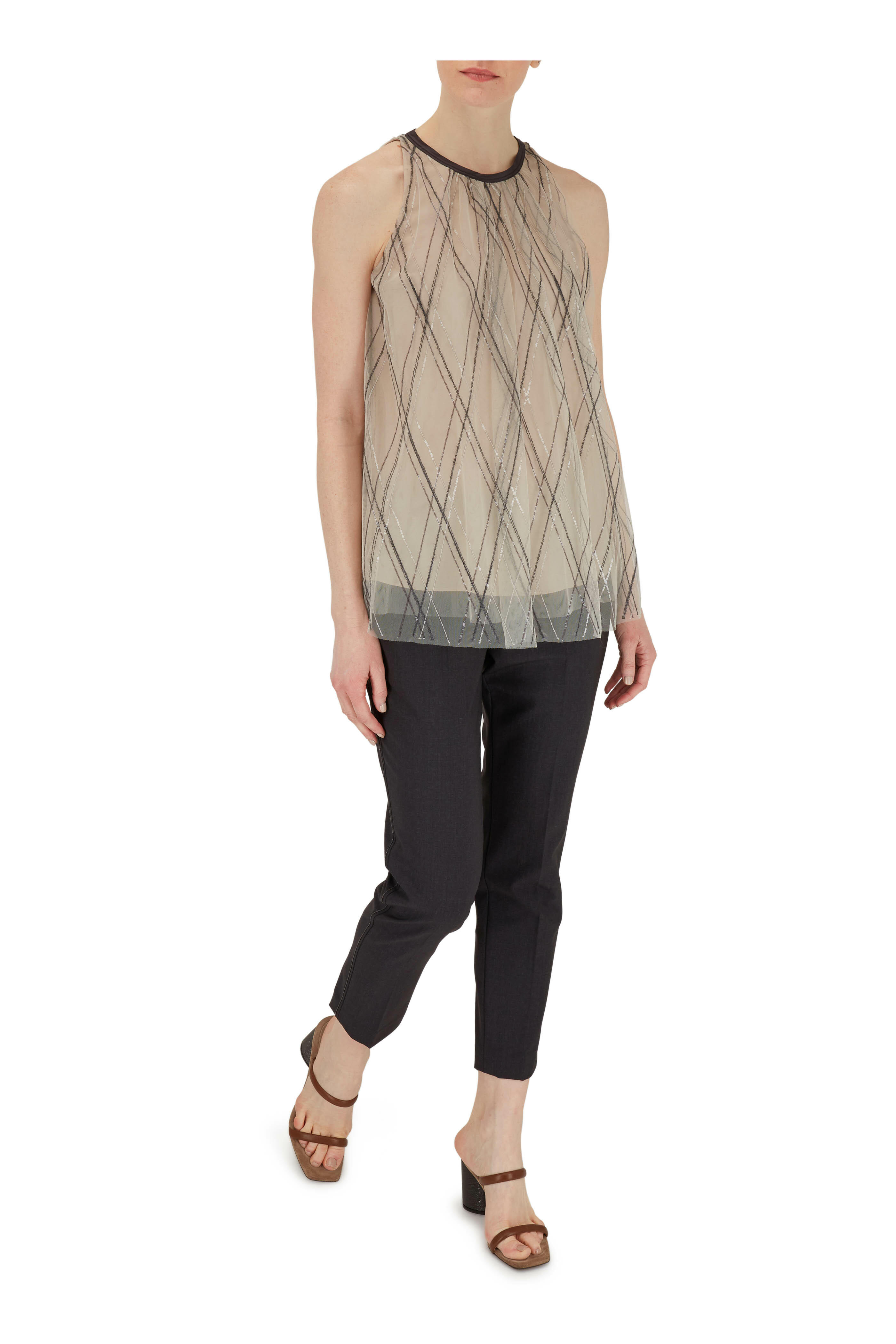 Brunello Cucinelli - Oat Diamond Embroidered Tulle Sleeveless Blouse