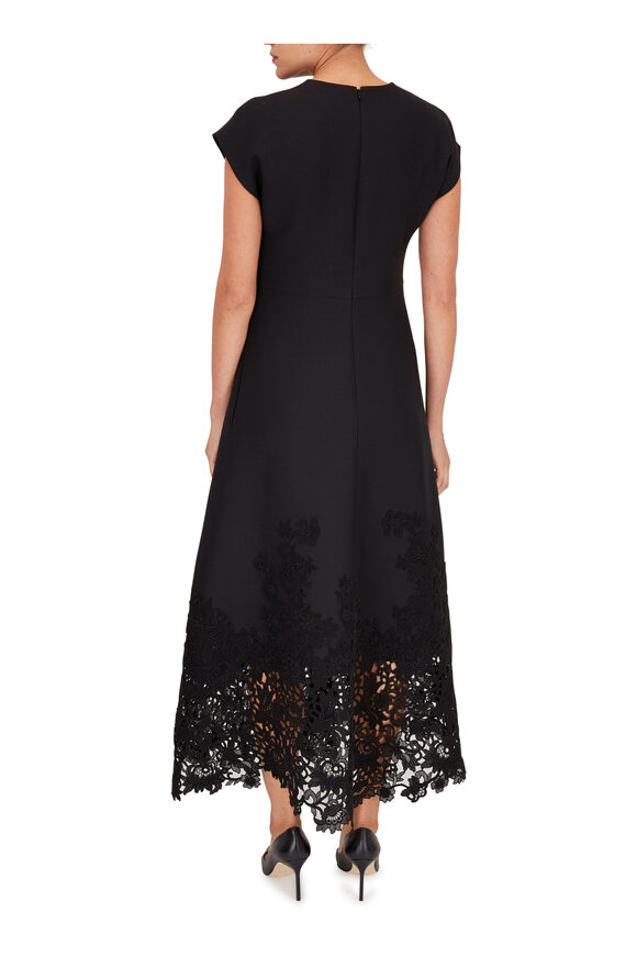 Valentino - Black Embroidered Lace Hem Cap Sleeve Dress