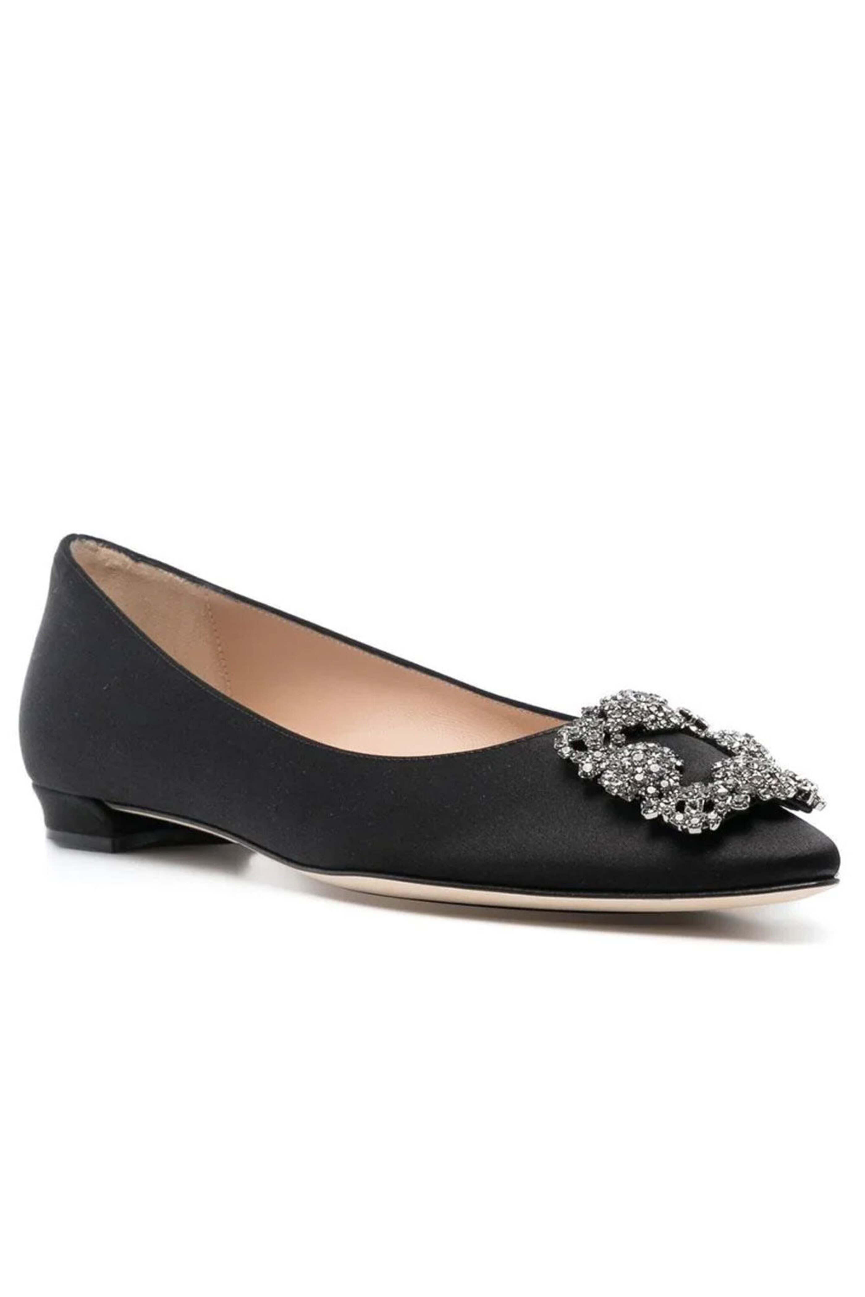MANOLO BLAHNIK Hangisi Flat ブラックサテン HANGISIFLAT | Black Satin Jewel Buckle Flat Pumps | Manolo
