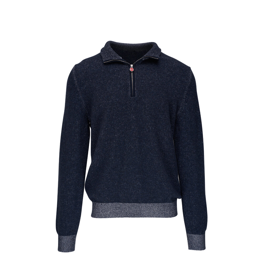 Kiton - Dark Navy & Gray Cashmere Quarter Zip Pullover Kiton - Dark Navy & Gray Cashmere Quarter Zip Pullover