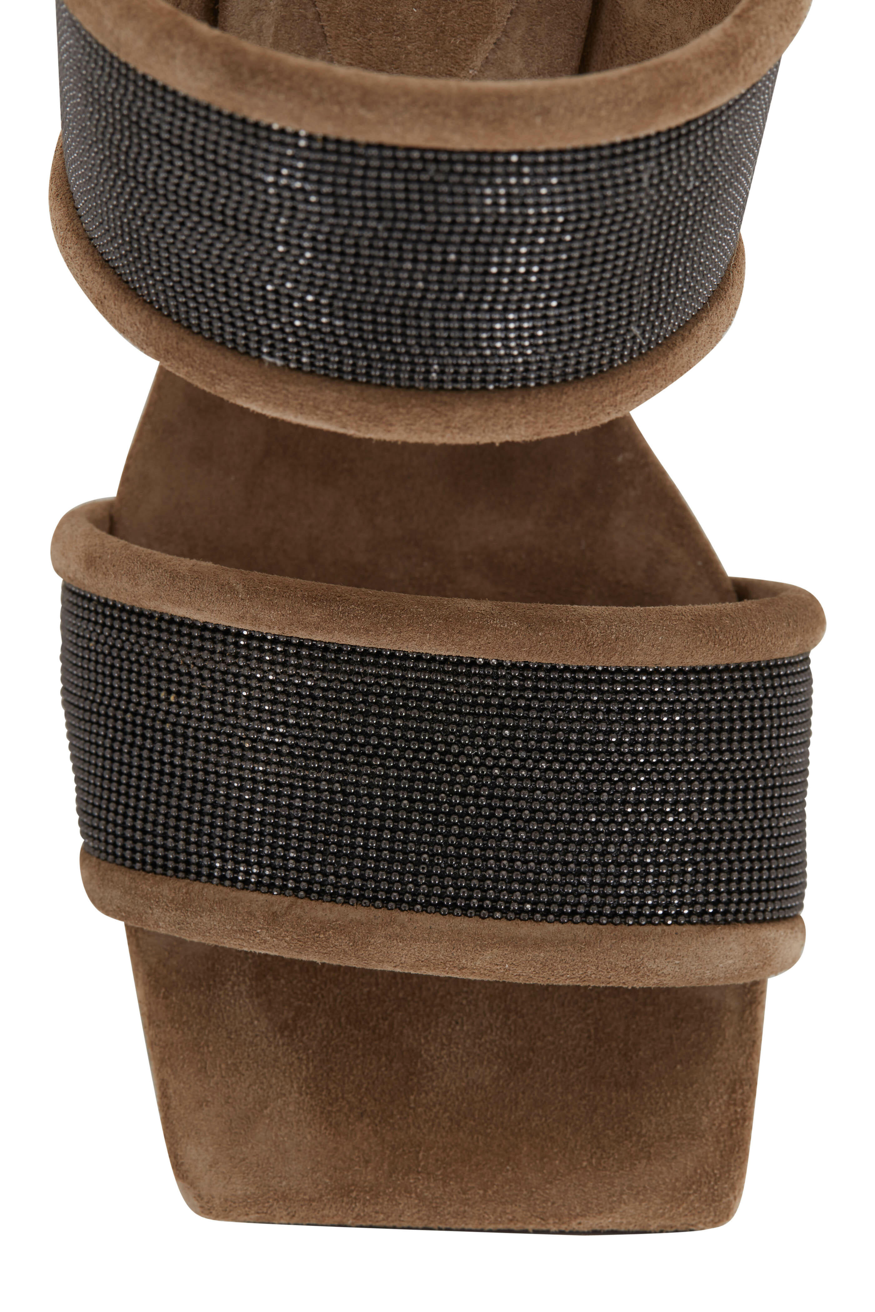 Brunello Cucinelli - Brown Suede & Monili Two Band Slide, 80mm