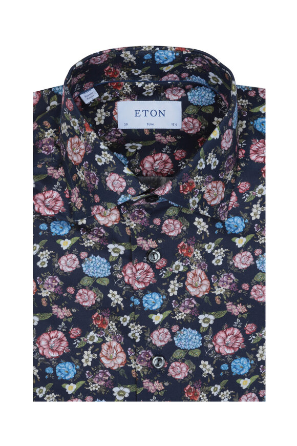 Eton - Blue Floral Print Slim Fit Dress Shirt 