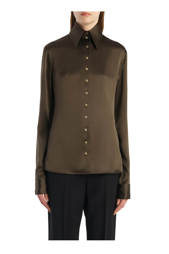 Khaite Ivy Dark Olive Vintage Washed Silk Blouse - view 2