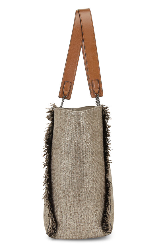 Brunello Cucinelli Platinum Metallic Woven & Leather Reversible Tote - view 9