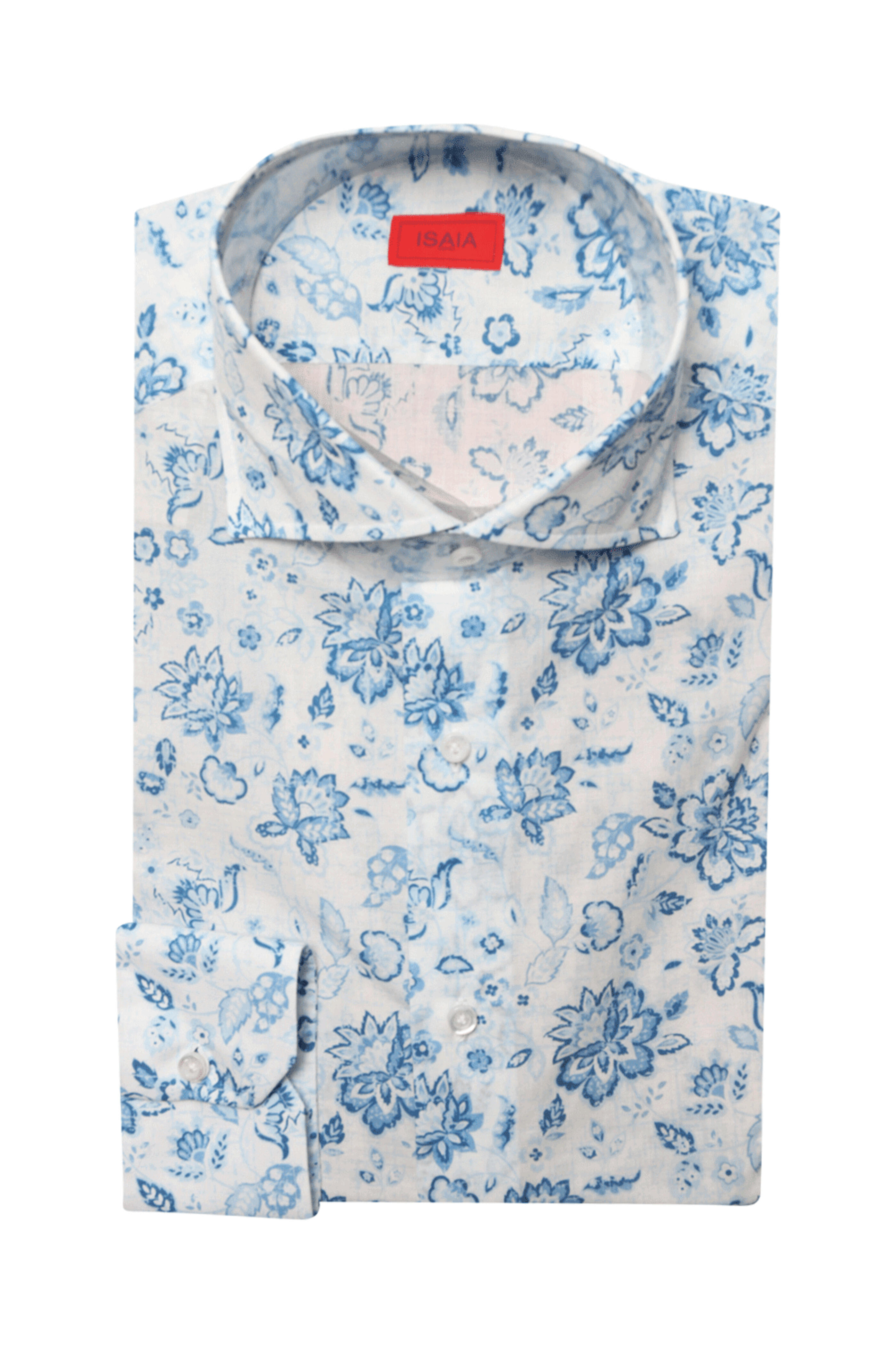 Isaia - White and Blue Floral Print Cotton Dress Shirt