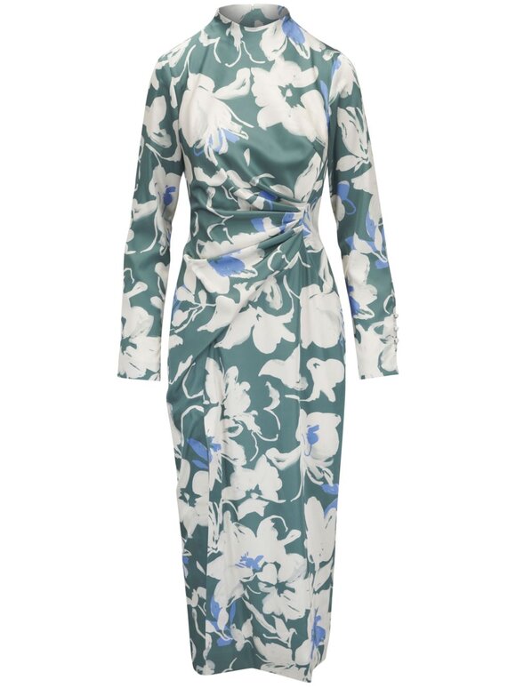 Lela Rose - Floral Satin Crepe Long Sleeve Draped Sheath Dress