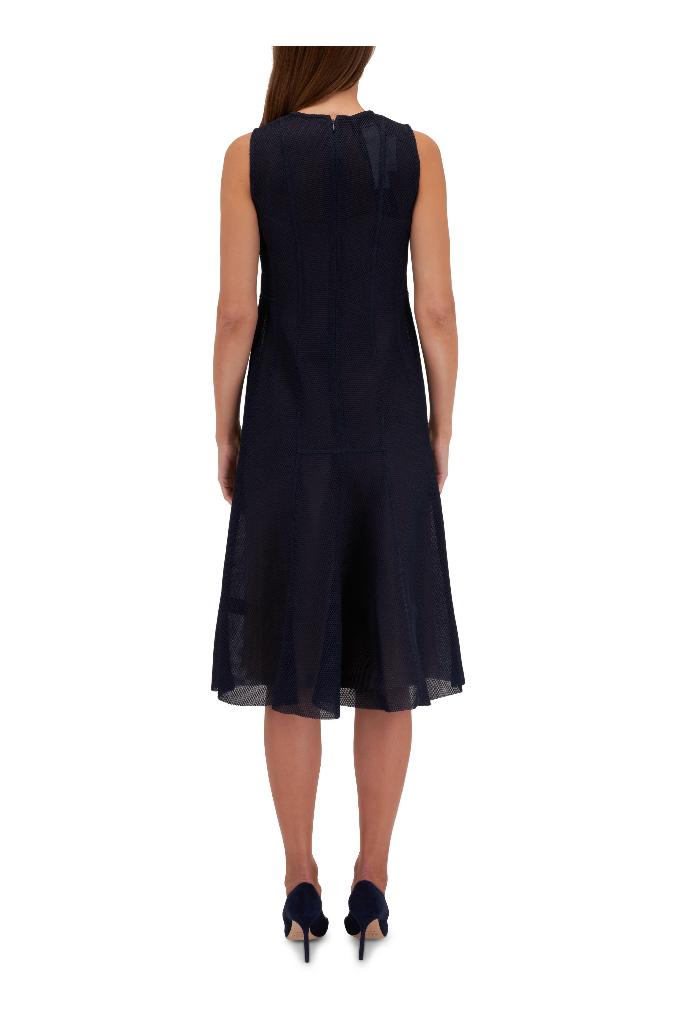 Akris - Navy Sleeveless Techno Grid Midi Dress