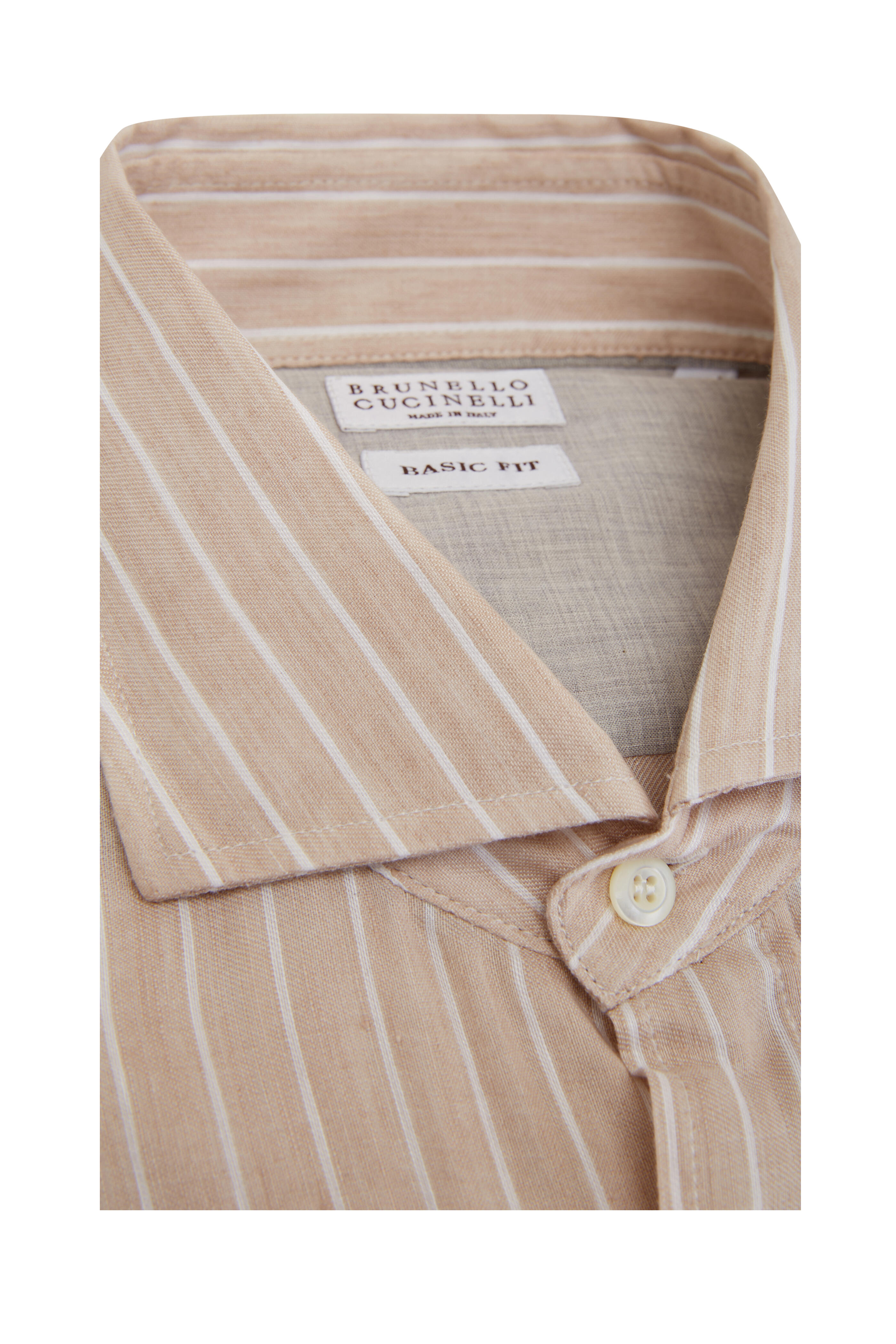 ブランド名ーBRUNELLO CUCINELLI Brunello Cucinelli - Tan Wide Striped Linen Blend Sport Shirt