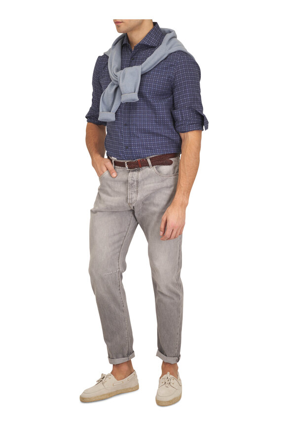 Brunello Cucinelli Ocean Blue Print Cotton Woven Sport Shirt - view 2