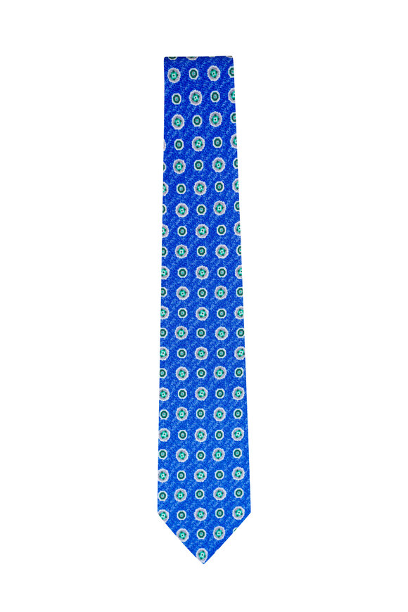 Kiton Blue Medallion Print Silk Necktie