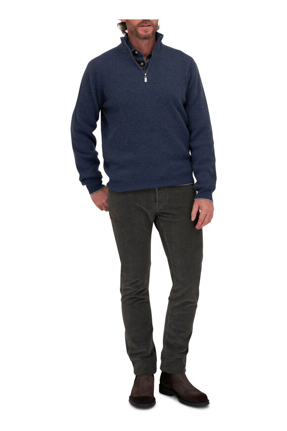 Fedeli - Denim Blue Cashmere Quarter Zip Pullover