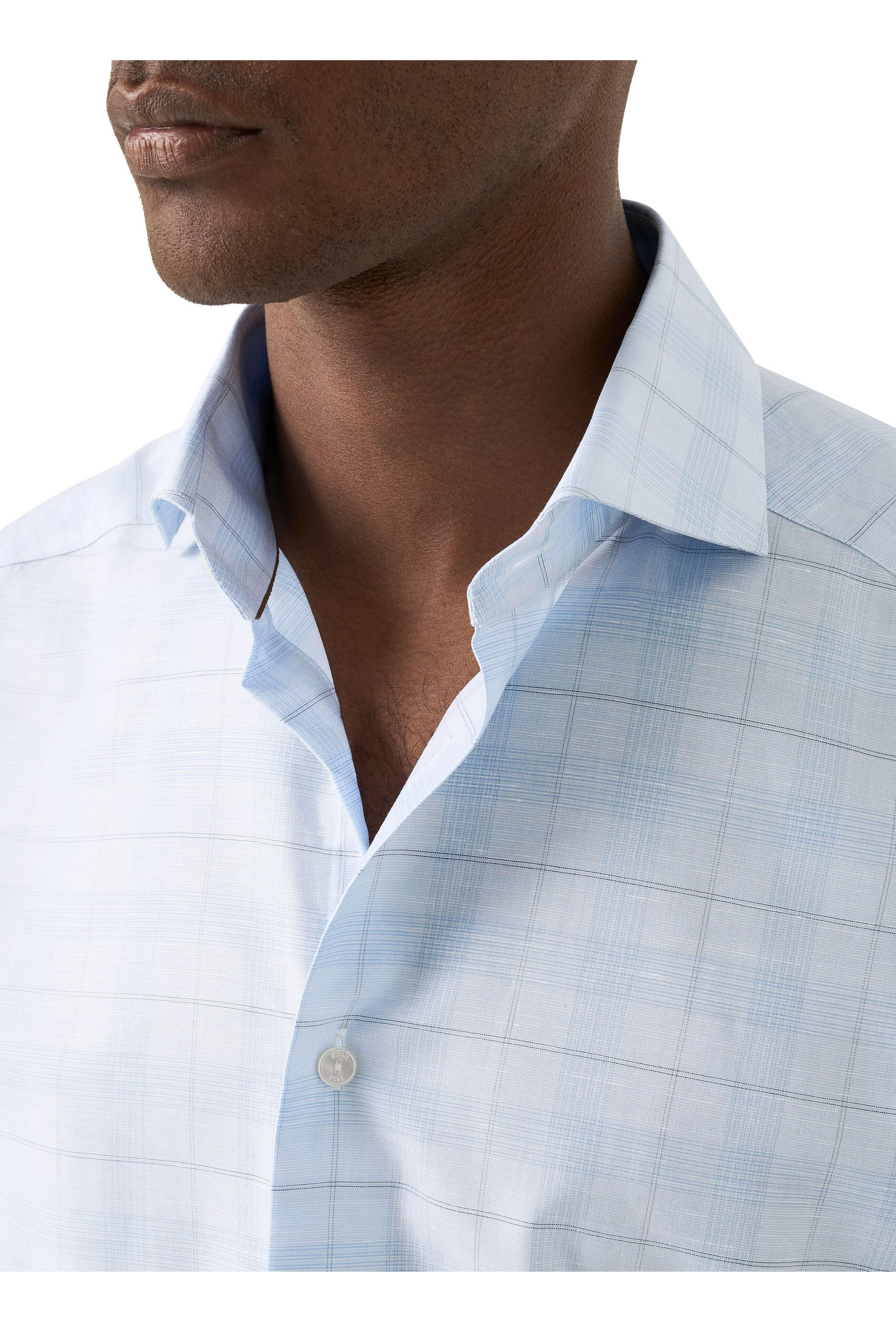 Eton - Light Blue Plaid Cotton & Linen Dress Shirt - view 4