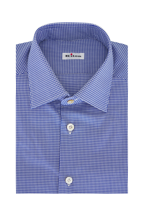 Kiton Navy Small Check Cotton Dress Shirt