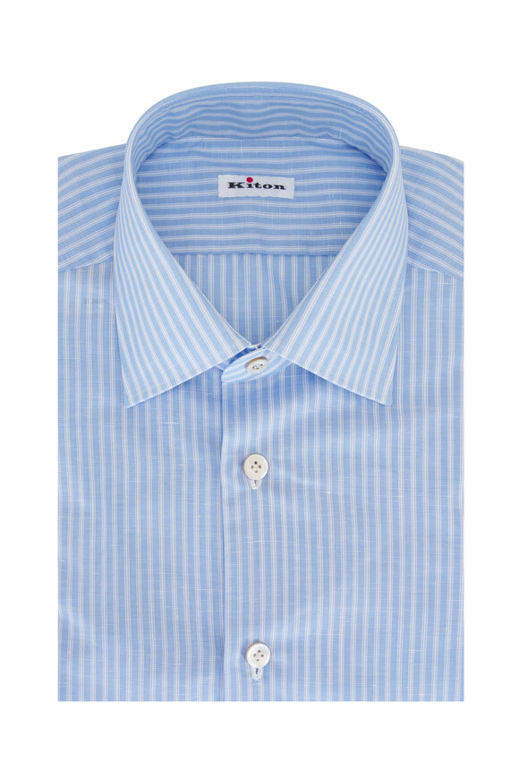 Kiton Light Blue Stripe Cotton & Linen Dress Shirt