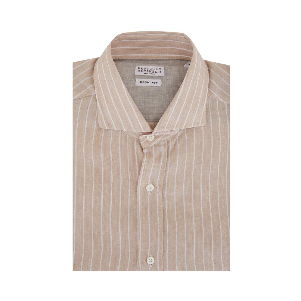 Brunello Cucinelli - Tan Wide Striped Linen Blend Sport Shirt